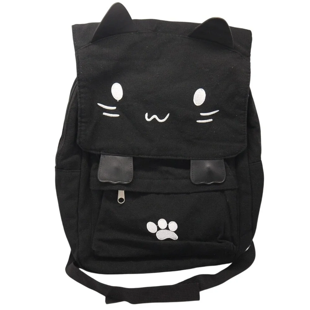 2️⃣ Cute Cat Embroidery Backpack Black Canvas School Bag by Demonchest